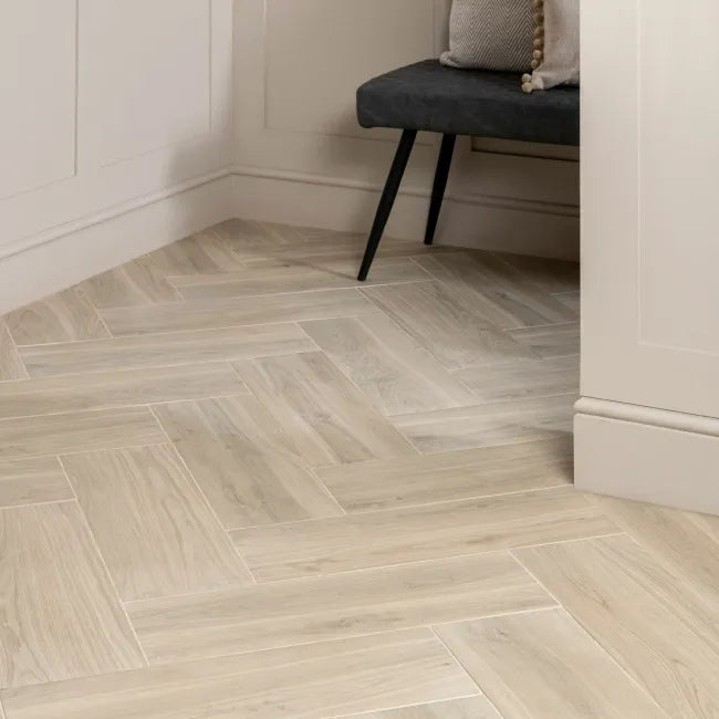 Château Beige Oak Herringbone Wood Effect Porcelain Tile | Luxury Tiles UK