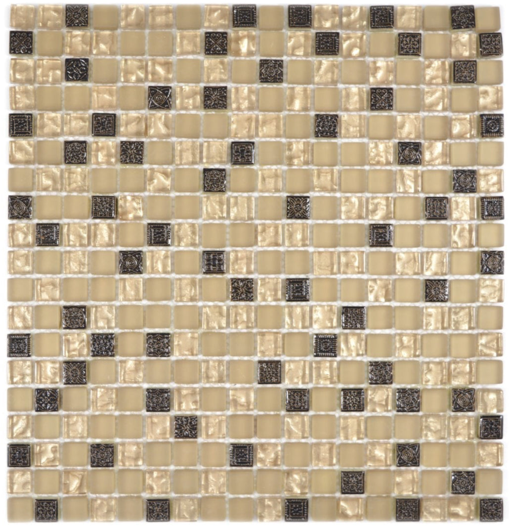 Champagne Noir Ornament Beige Glass Mosaic Tile