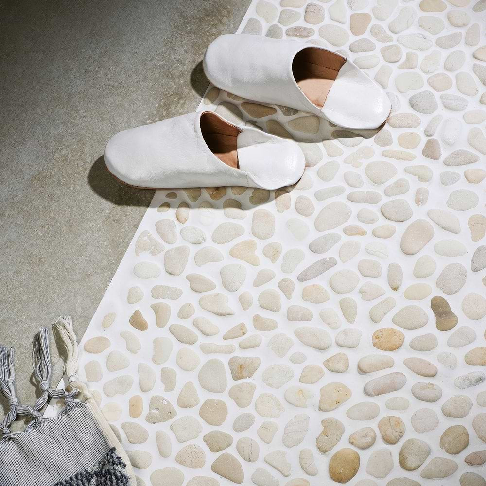 beige mosaic pebble tiles