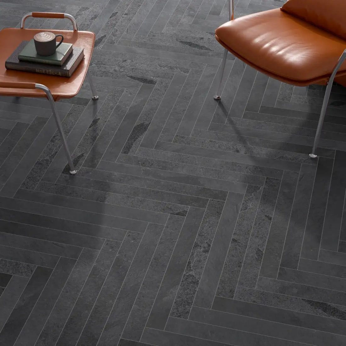 Black matt herringbone tiles