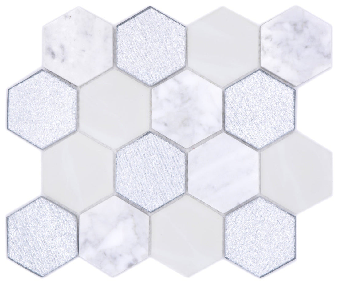 World Hexagon Glitter White Mosaic Tile