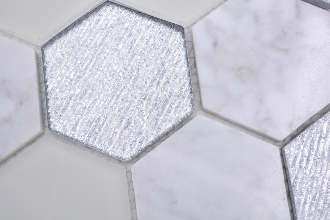 Hexagon Glitter White Mosaic Tile