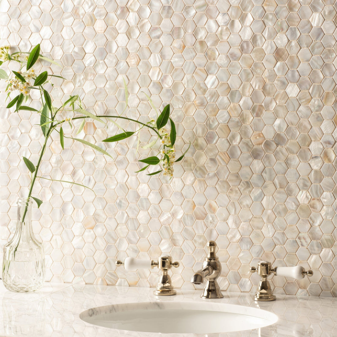 White pearl hexagon shell mosaics