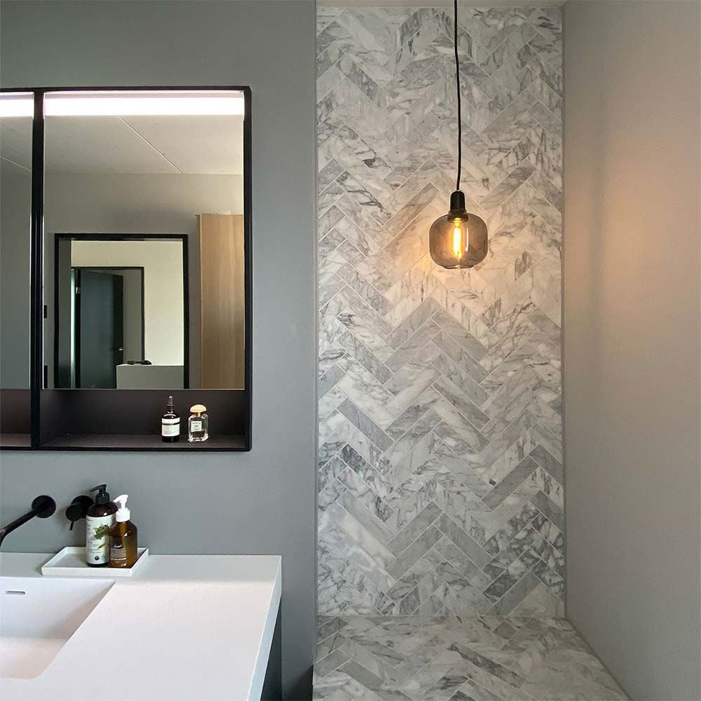 Herringbone Carrara Marble Mosaic Tiles Polished - Luxury Tiles UK