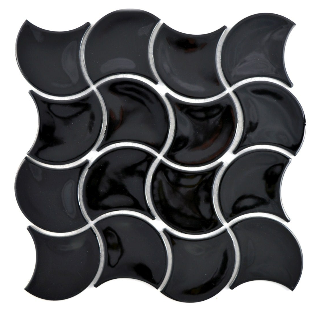Black Fan Gloss Mosaic Tile - Luxury Tiles UK