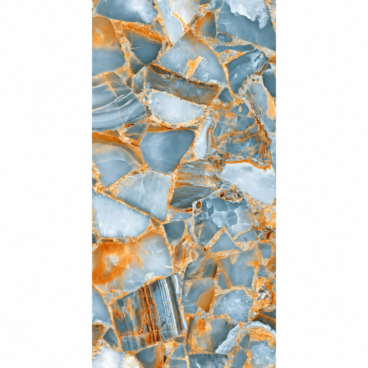 Agate Aqua 60 × 120cm porcelain tile with aqua blue mineral fragments, white banding and amber gold-toned veining.