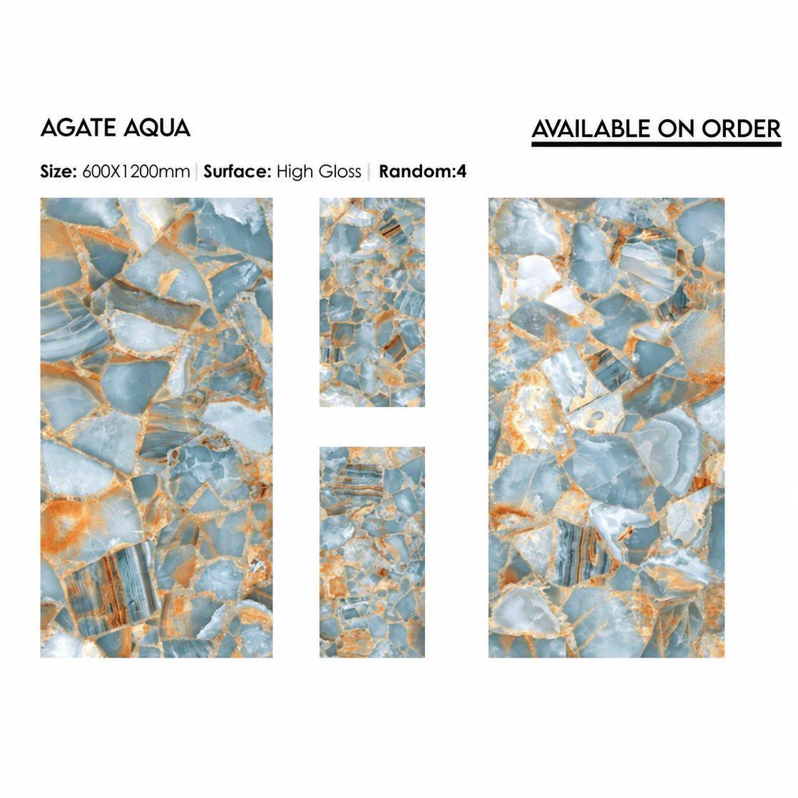 Four Agate Aqua polished porcelain tile faces showing varied blue agate-effect patterns and gold-toned veining.