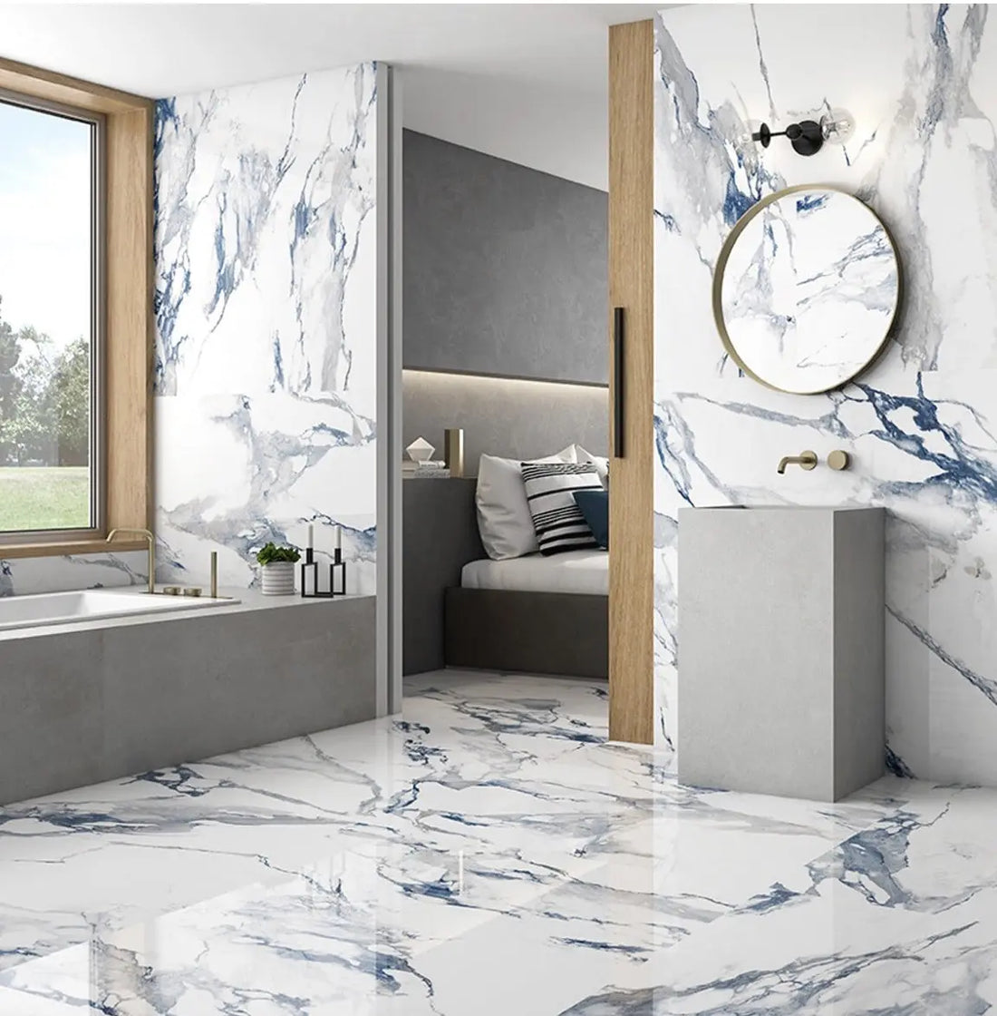 Blue Marble effect porcelain tile for bathrooms