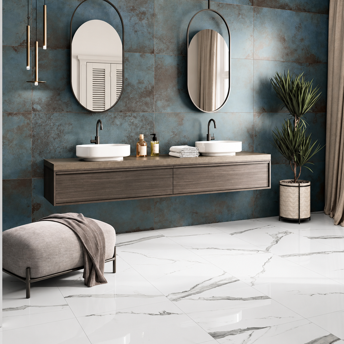 Semi-polished Alloy Azzurro bathroom feature wall behind a floating double vanity, paired with white marble-effect flooring.