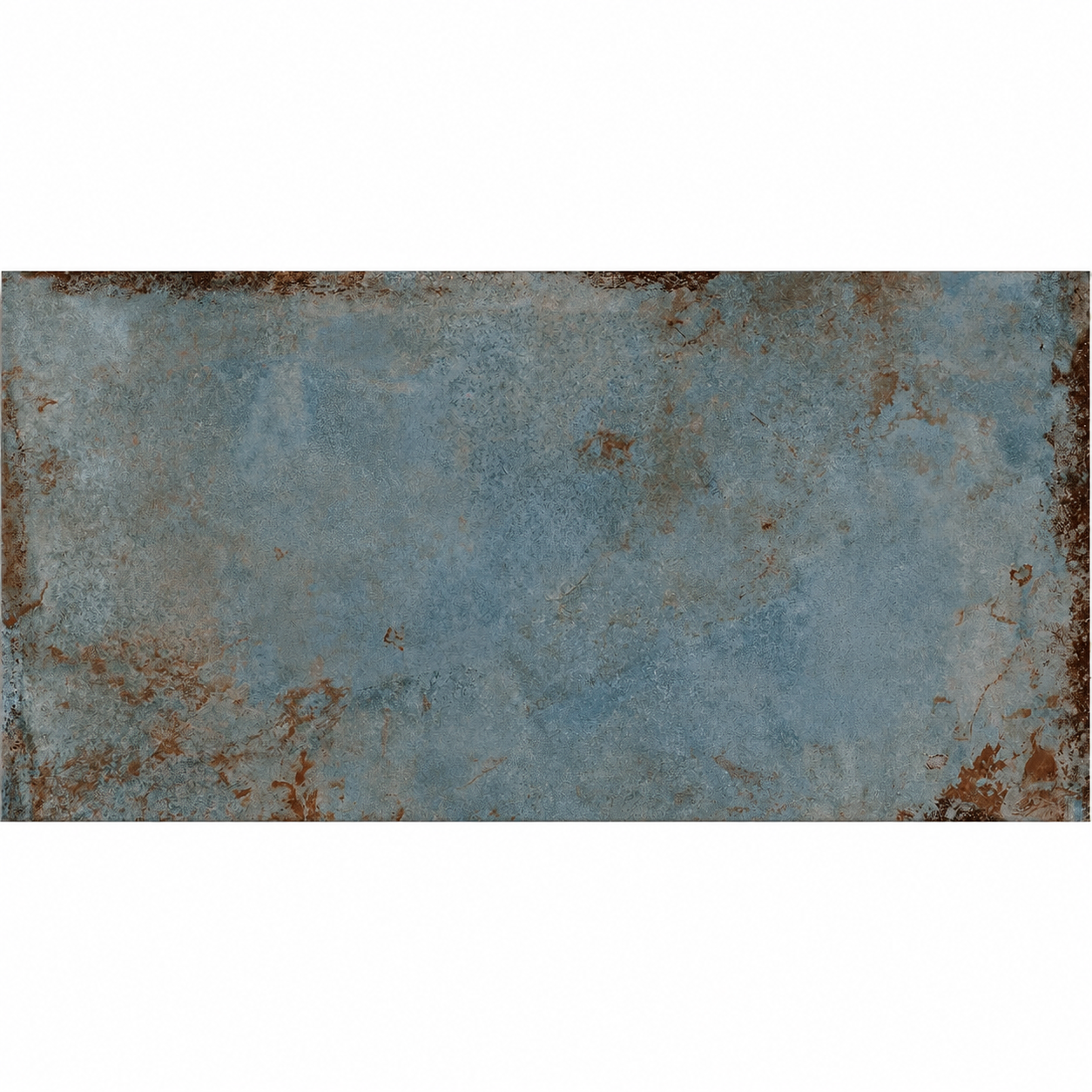 Alloy Azzurro 600×1200mm porcelain tile showing muted blue tones and rusty brown metal-effect markings on a white background.