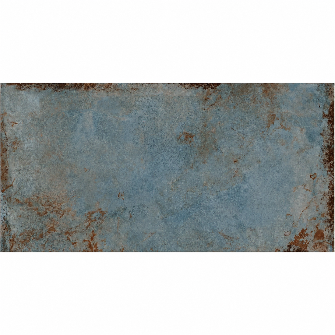 Alloy Azzurro 600×1200mm porcelain tile showing muted blue tones and rusty brown metal-effect markings on a white background.