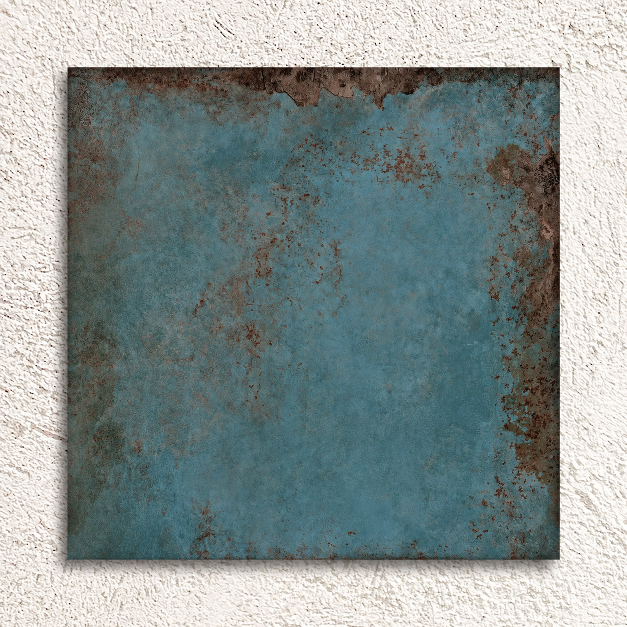 Single Alloy Azzurro 600 × 600mm matt porcelain tile showing smoky blue tones and rust-brown metal effect detailing.
