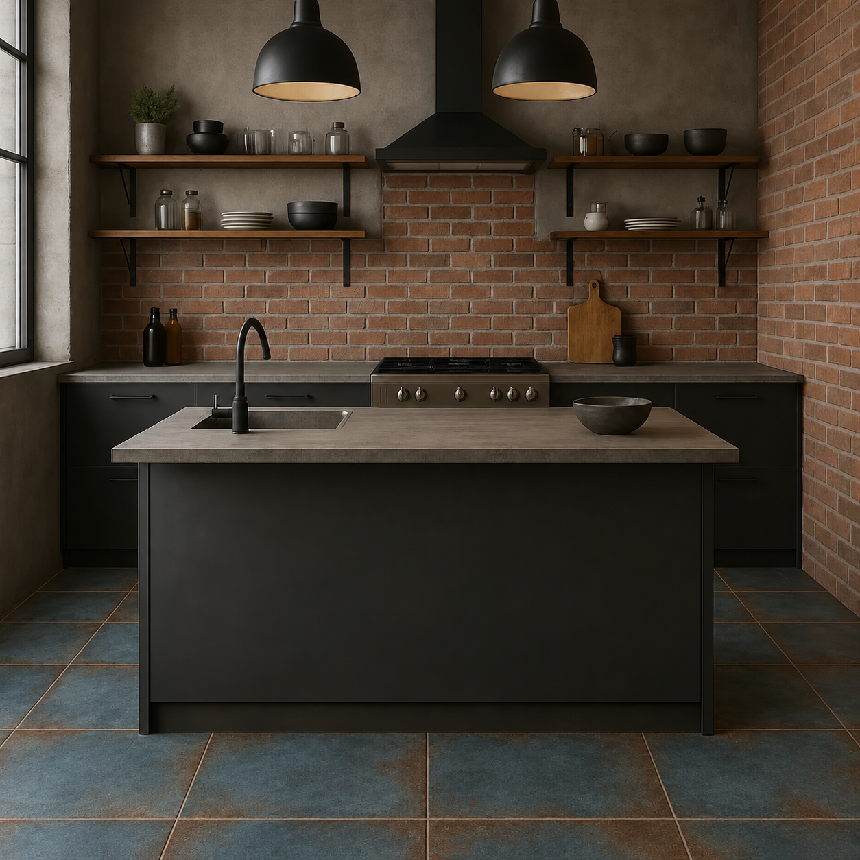 Alloy Azzurro blue metal effect porcelain floor tiles in an industrial kitchen with charcoal cabinets and exposed brick walls.