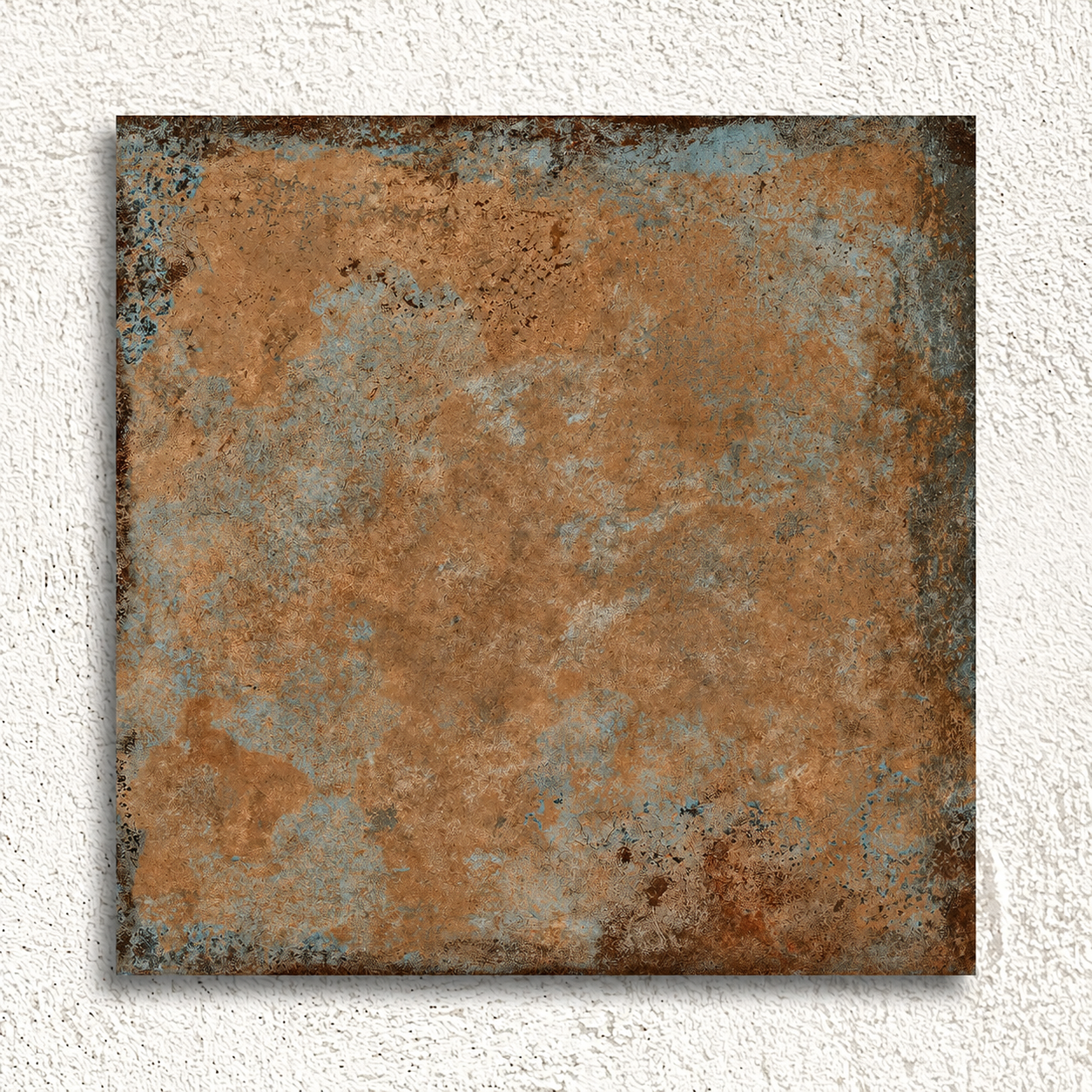 Single Alloy Copper 60 × 60cm square tile on a textured white background, showing its full oxidised pattern.