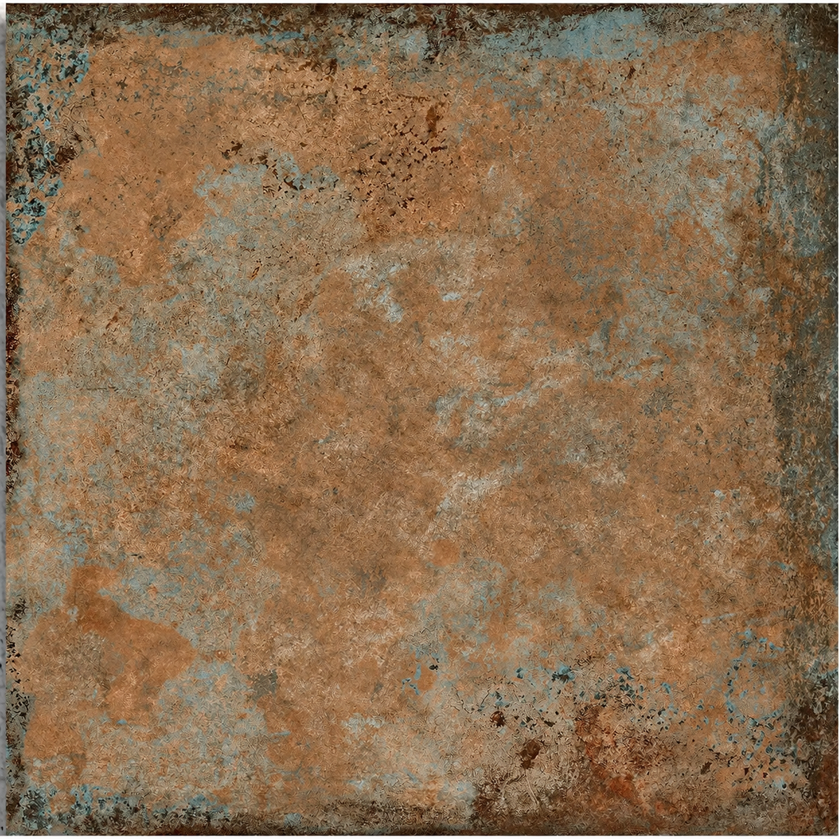Close-up of the matt metal-effect surface with mottled bronze tones and weathered blue-grey detailing