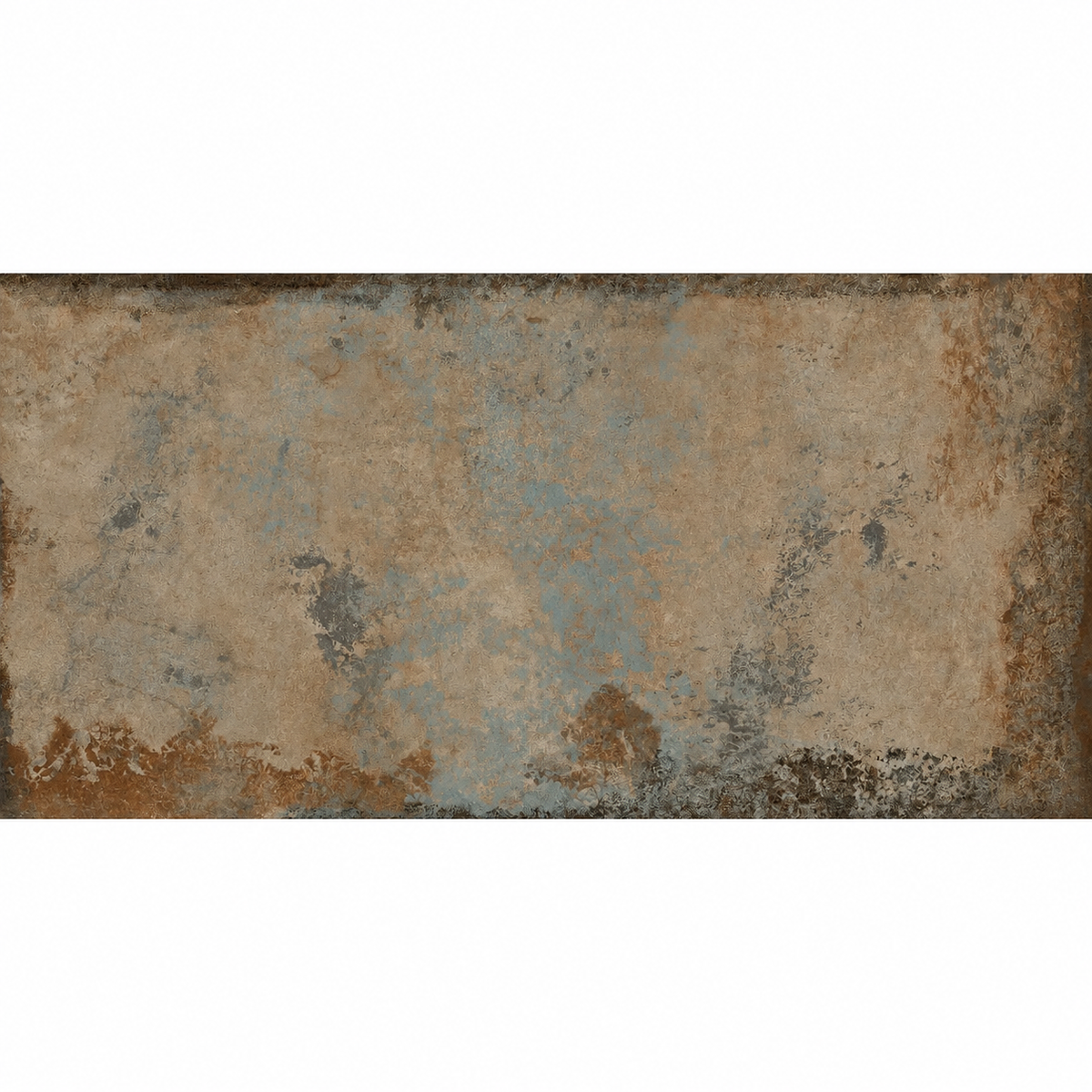 Full-face view of a rectangular porcelain tile with layered copper colouring, grey-blue patches and dark weathered edges.