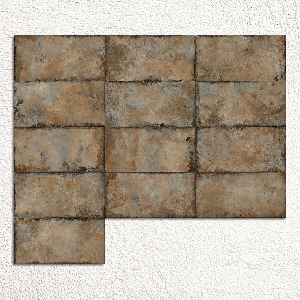Alloy Copper tile display showing substantial variation in bronze-brown tones, smoky patina and oxidised markings.