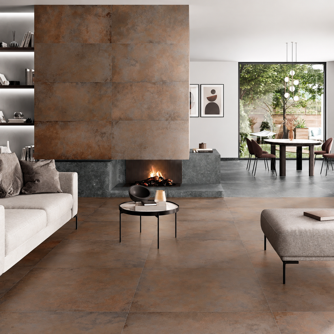Copper metal-effect flooring and chimney breast in a contemporary living room with cream seating and a recessed fireplace.