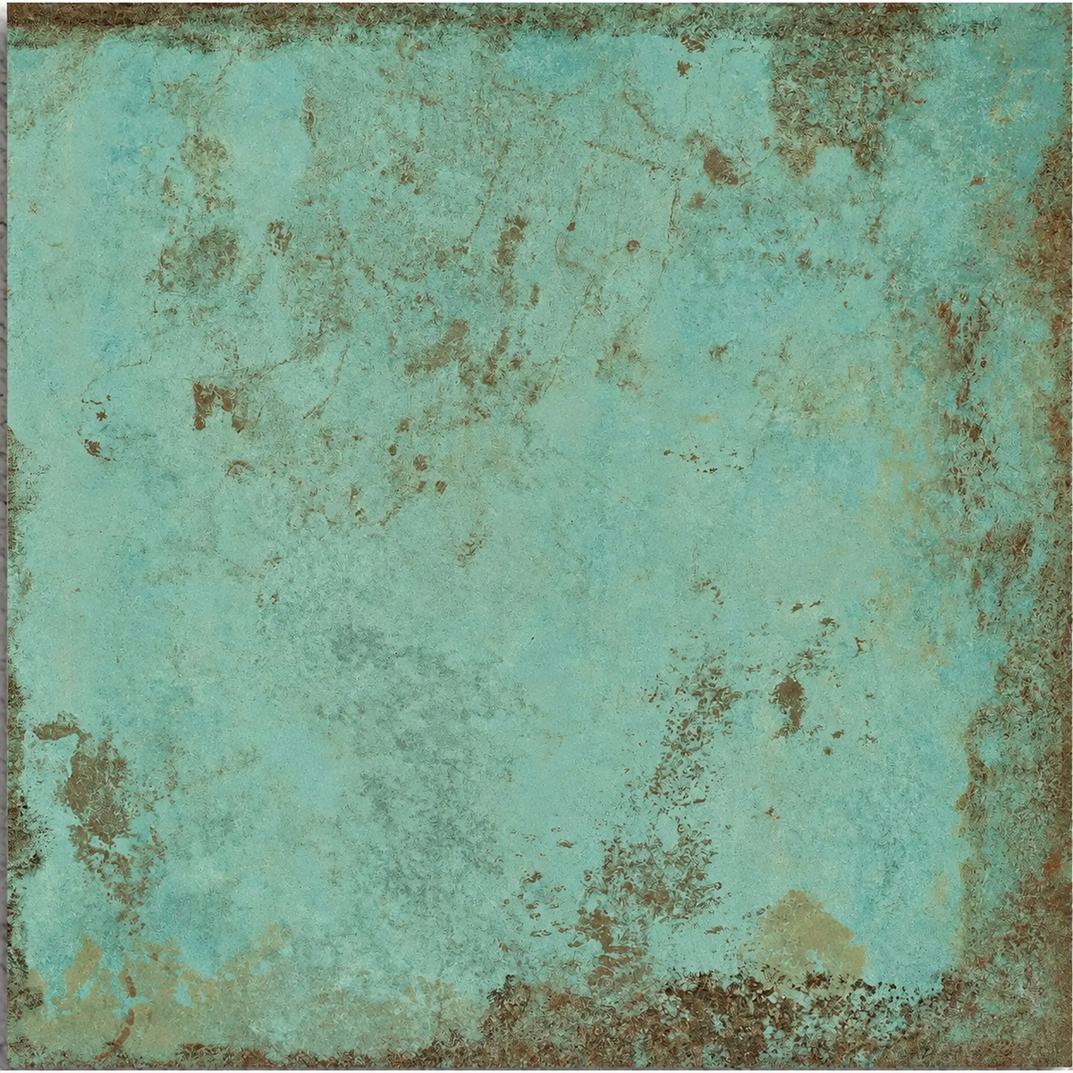 Close-up of mint green matt porcelain with mottled bronze-grey patina and weathered edges.