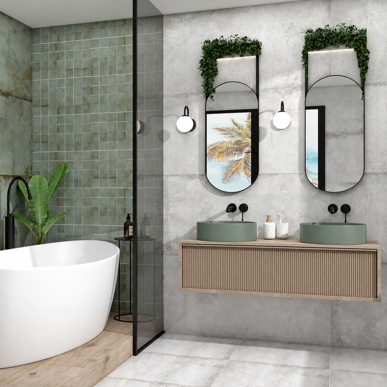 Alloy Pearl grey metal effect porcelain wall and floor tiles in a bathroom with sage basins, oak vanity and freestanding bath.