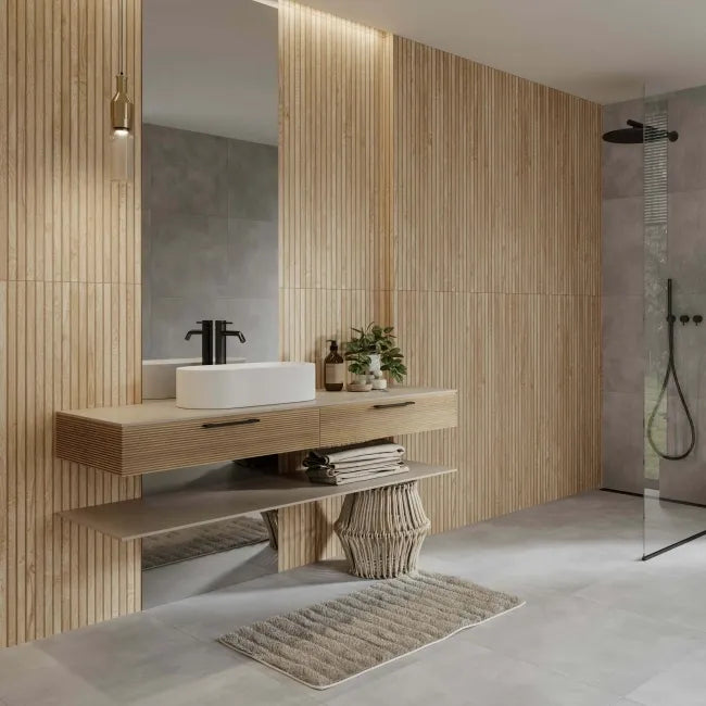 light brown wood effect shower room 