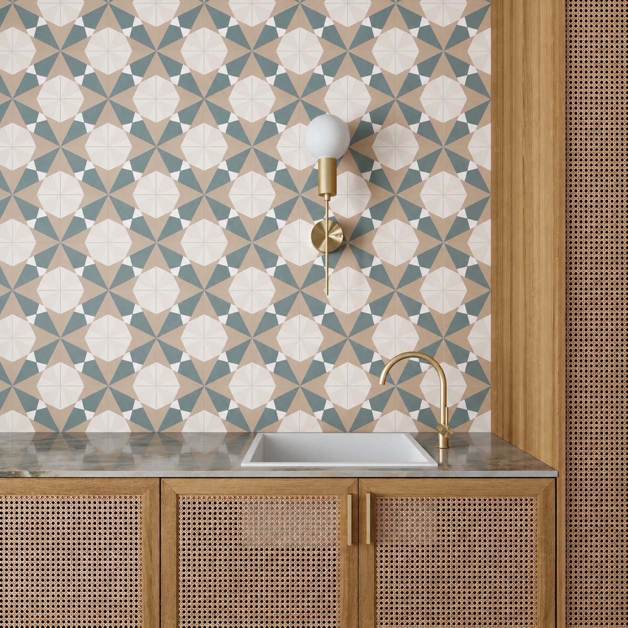 Altea Beige Taco geometric porcelain wall tiles behind an oak vanity with brass tap and wall light.