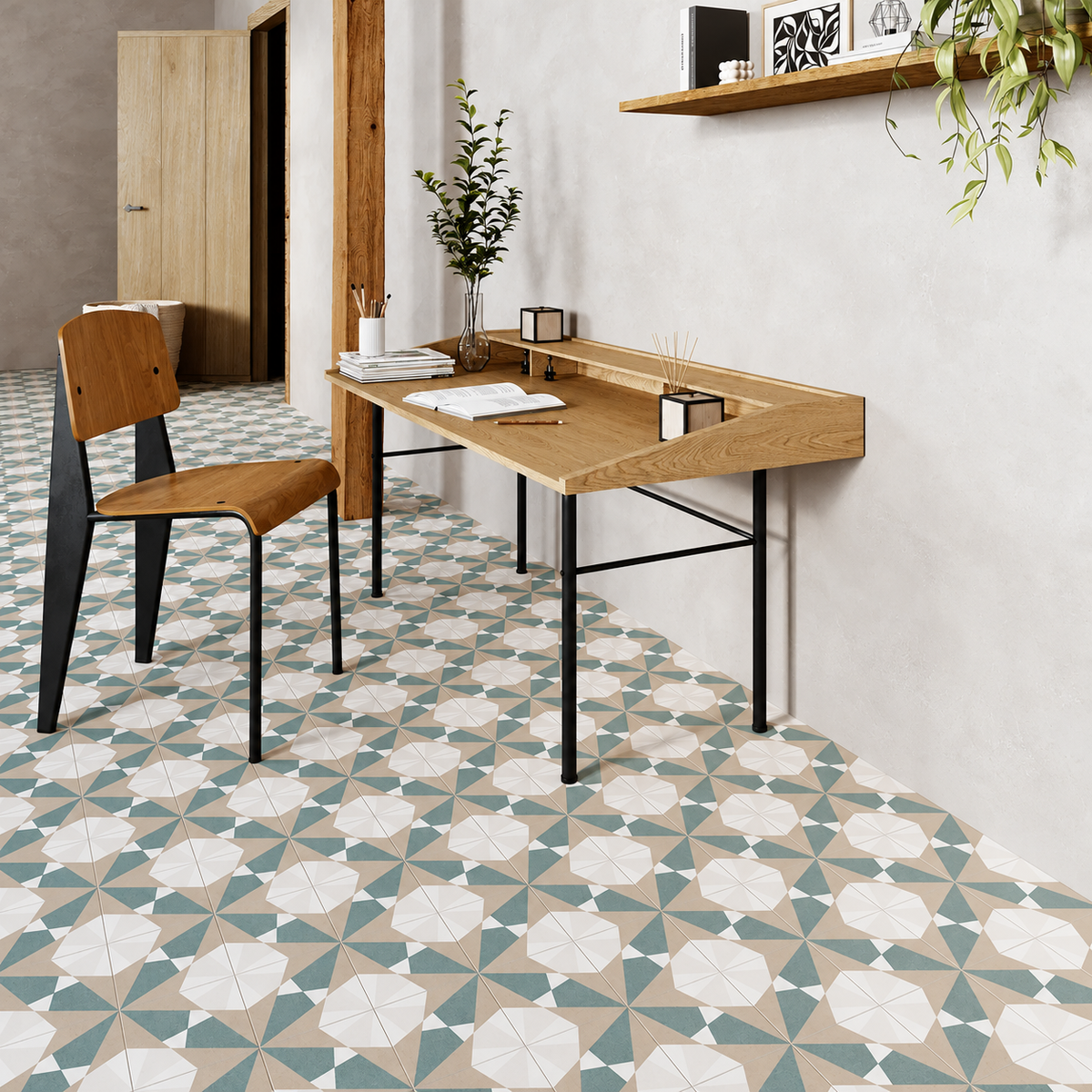 Altea Beige Taco matt patterned floor tiles beneath an oak desk and wooden chair in a home office.