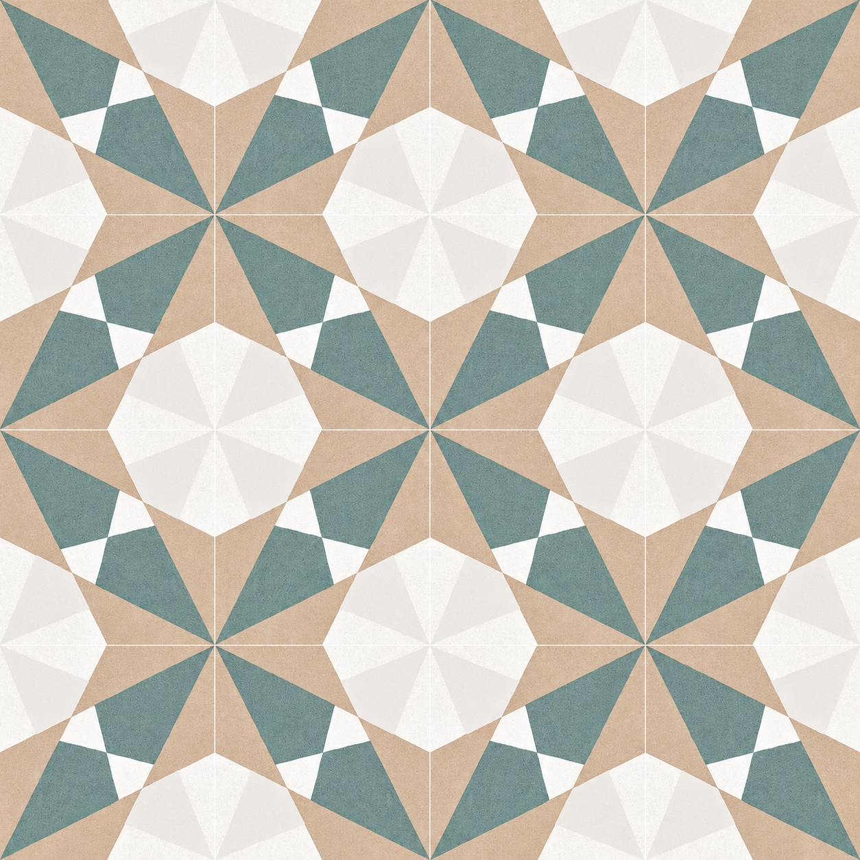 Close-up of Altea Beige Taco tiles showing the repeating beige, teal and off-white geometric star pattern.