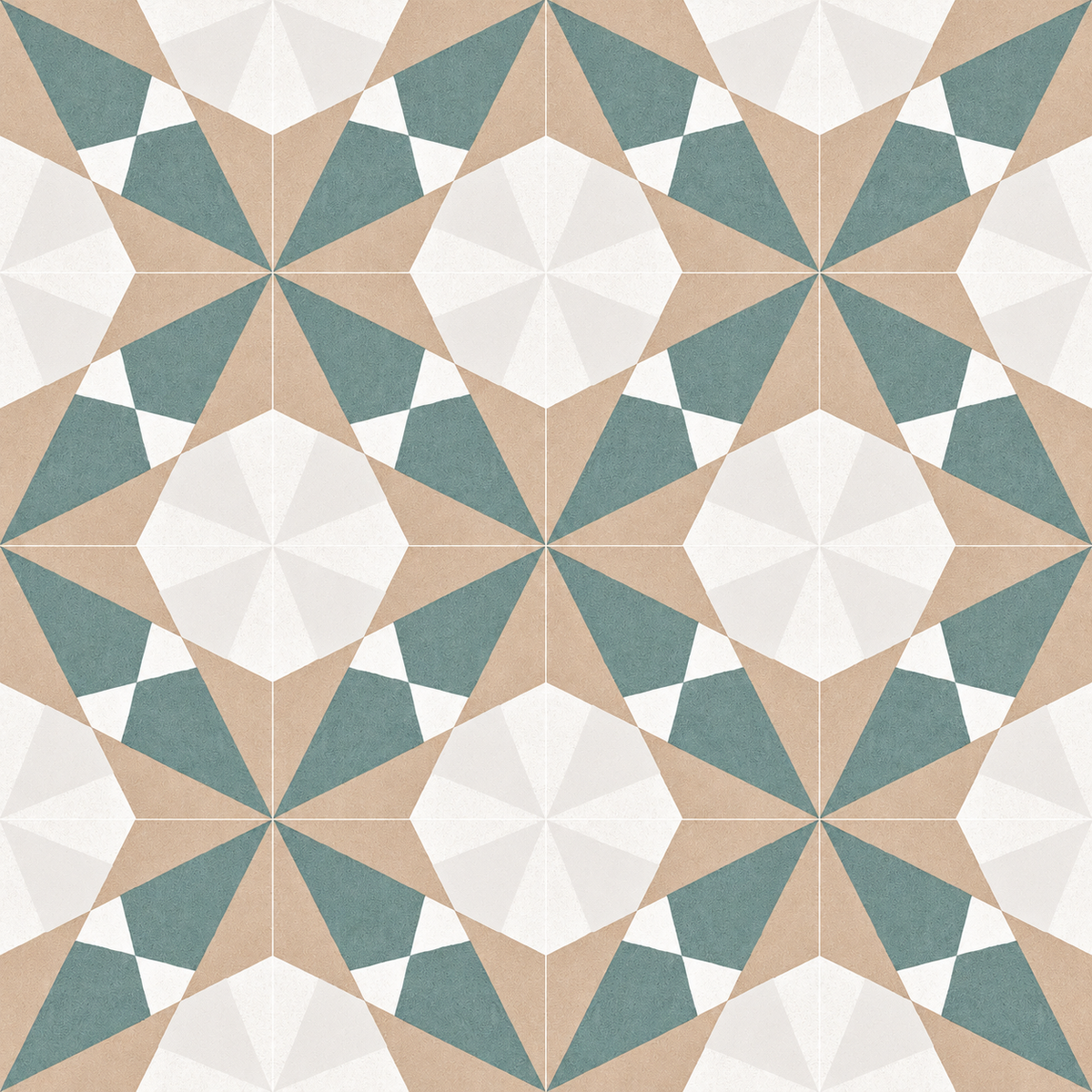 Close-up of Altea Beige Taco tiles showing the repeating beige, teal and off-white geometric star pattern.