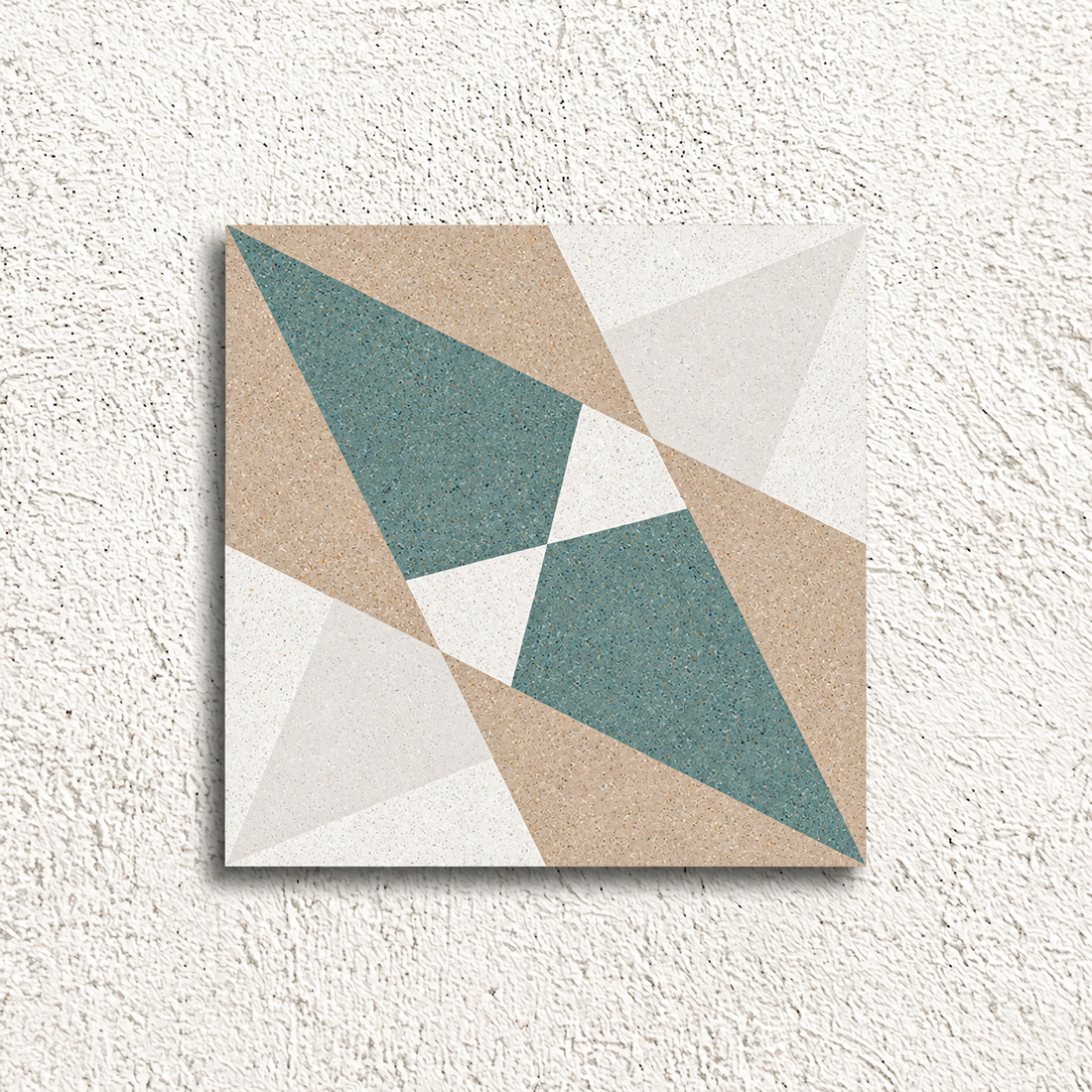 Single Altea Beige Taco matt porcelain tile with beige, muted teal and off-white geometric detailing.