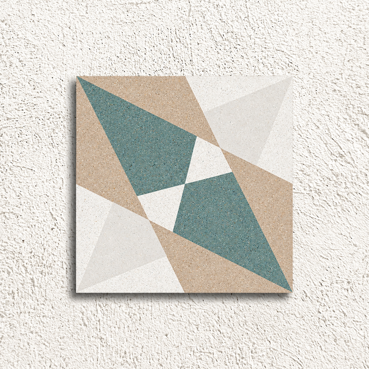 Single Altea Beige Taco matt porcelain tile with beige, muted teal and off-white geometric detailing.