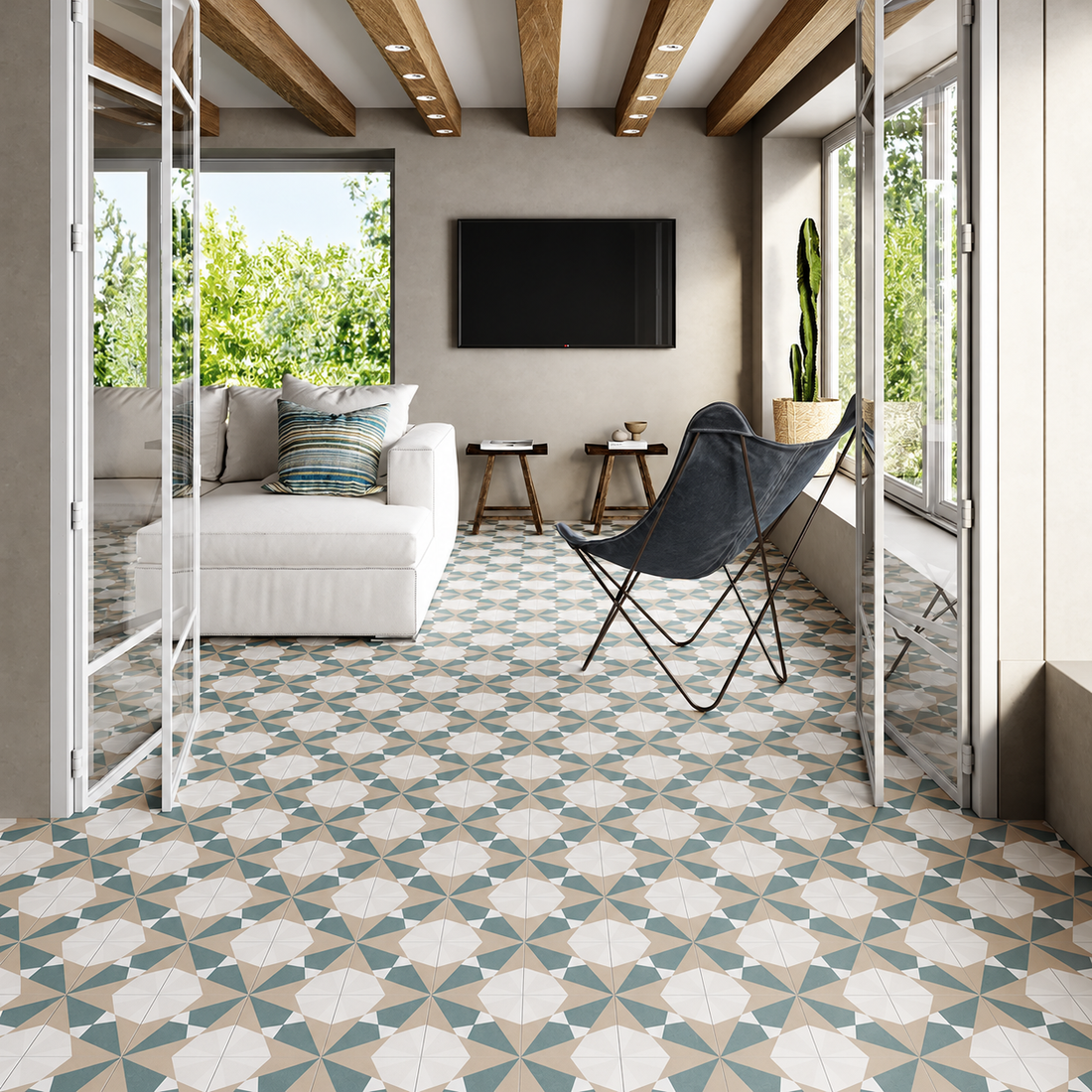 Altea Beige Taco patterned porcelain floor tiles in a living room with exposed timber beams and white sofa.