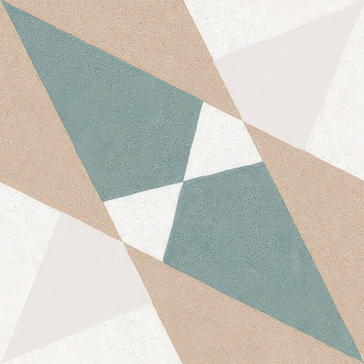 Close-up of Altea Beige Taco matt porcelain tile showing its beige, muted teal and off-white geometric pattern.