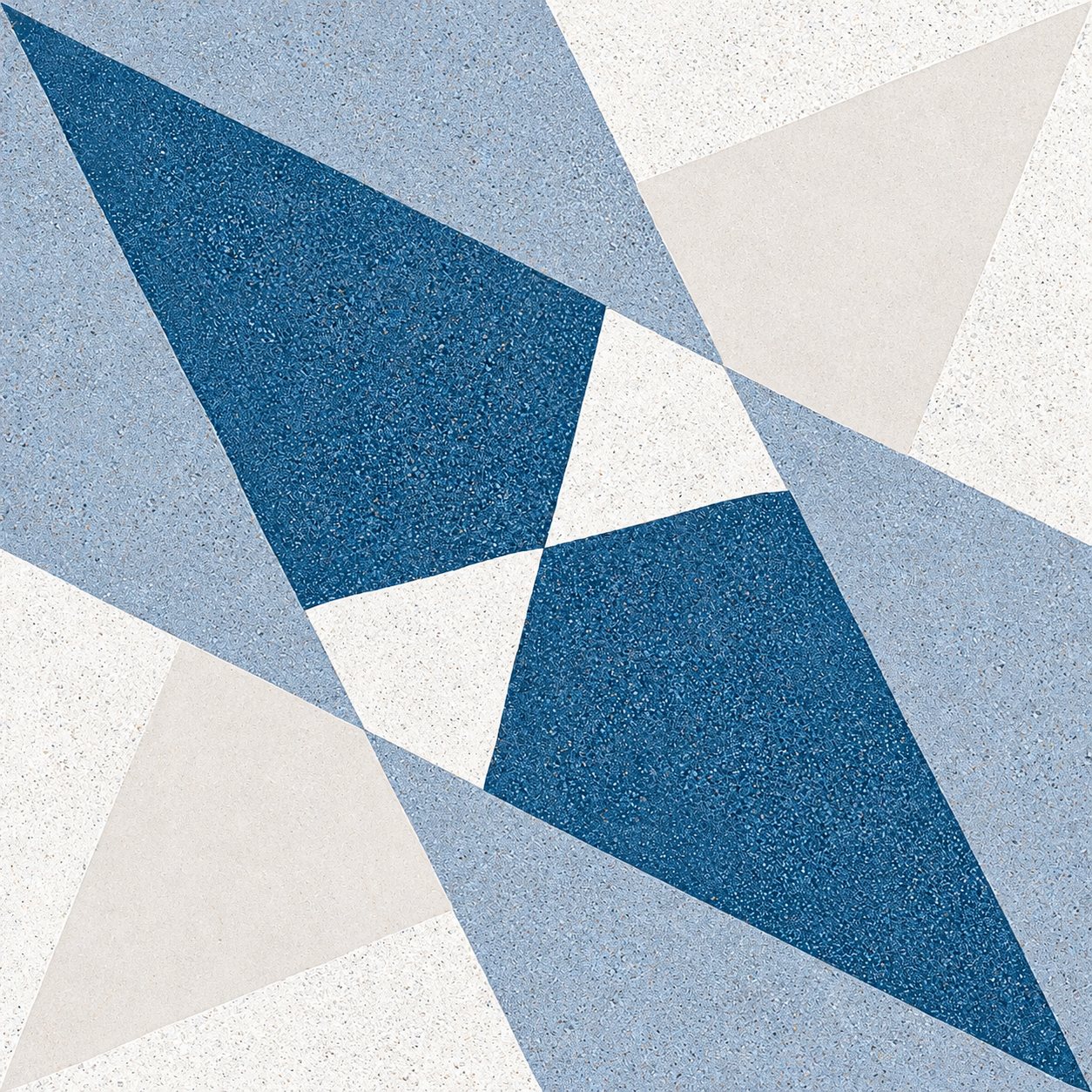 Detail of Altea Blue Taco porcelain tile showing blue and white geometric shapes and a matt surface.