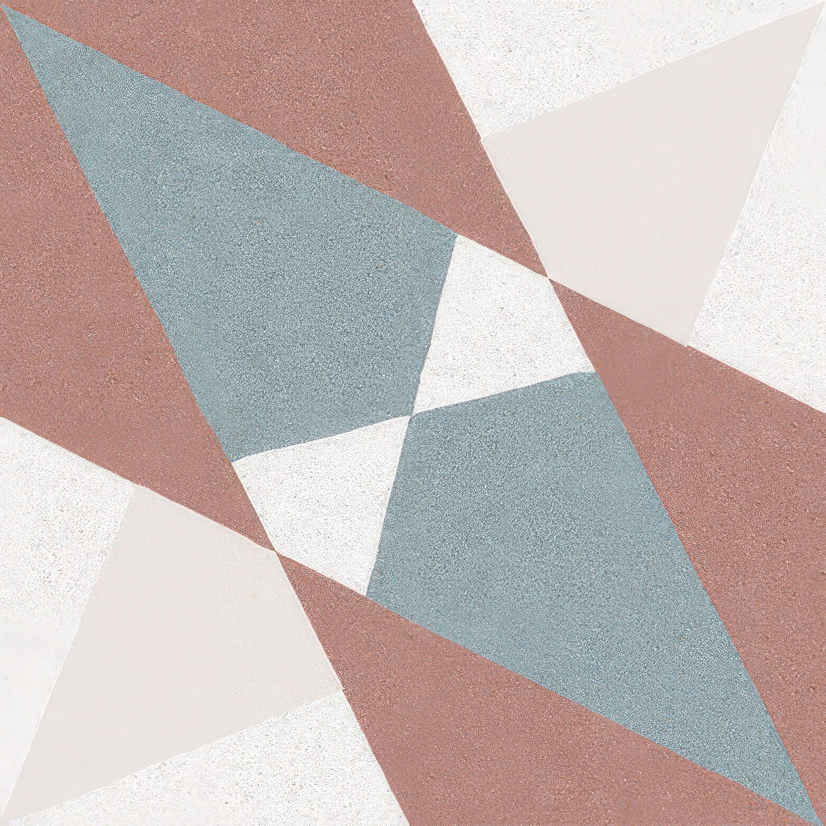 Close-up of Altea Burdeos Taco showing its finely speckled matt surface and intersecting terracotta, blue and ivory triangles.