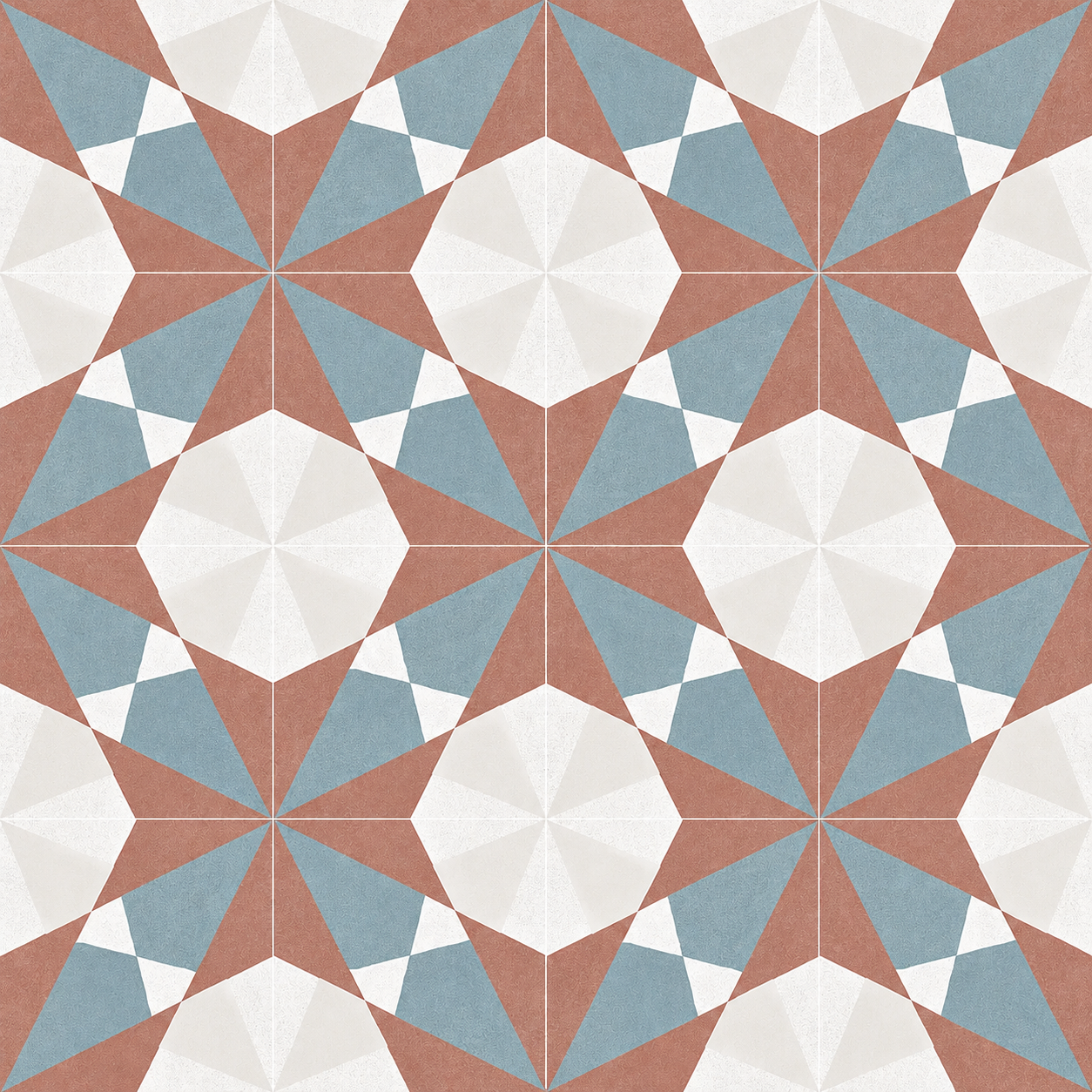 Altea Burdeos Taco tiles arranged in a repeating geometric star pattern in terracotta, dusty blue and off-white.