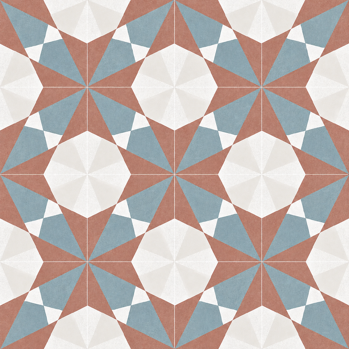 Altea Burdeos Taco tiles arranged in a repeating geometric star pattern in terracotta, dusty blue and off-white.