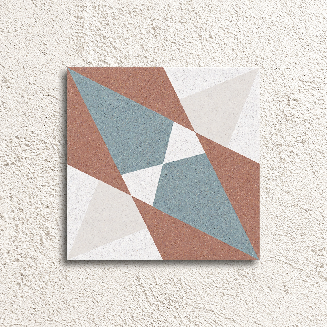 Altea Burdeos Taco matt porcelain tile with terracotta, dusty blue and off-white geometric shapes.