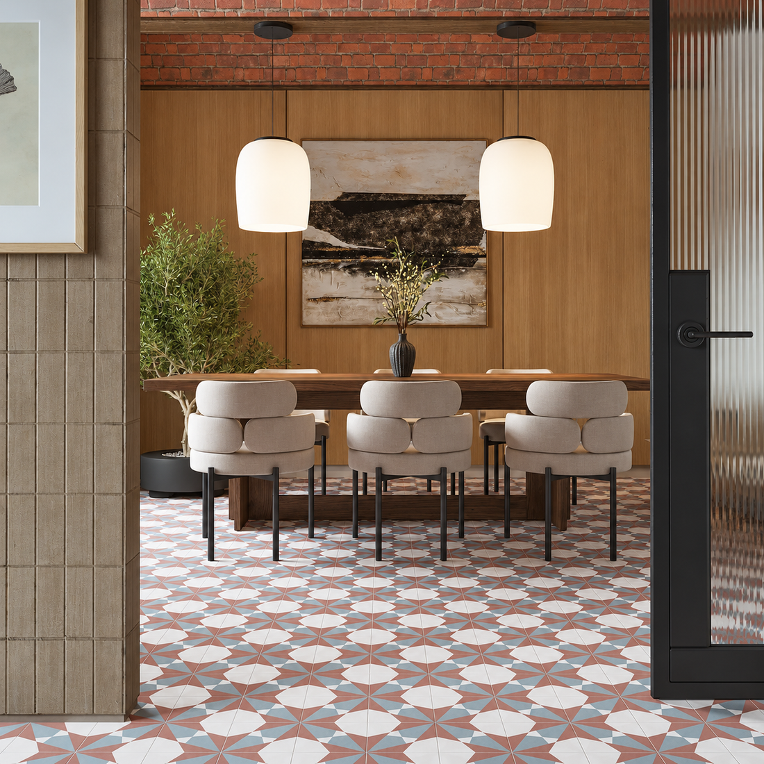 Altea Burdeos Taco patterned porcelain floor tiles in a dining room with timber panelling and cream chairs.