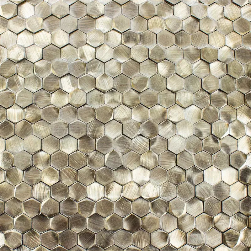 Detailed view of brushed aluminium bronze mosaic tiles highlighting depth and light reflection
