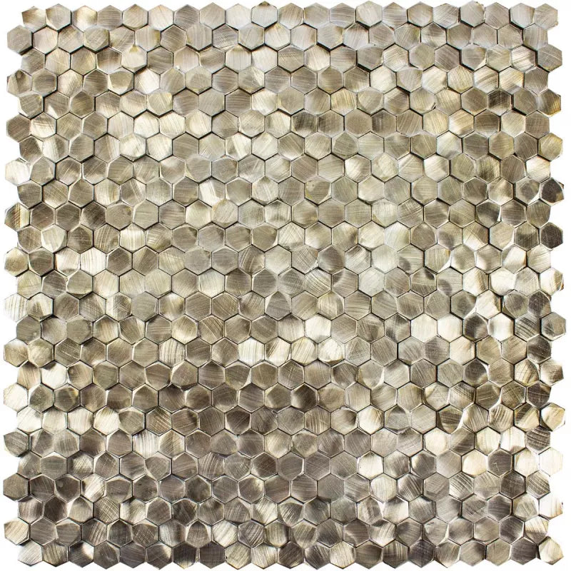 Interior wall clad in bronze aluminium mosaic tiles with modern hexagonal design