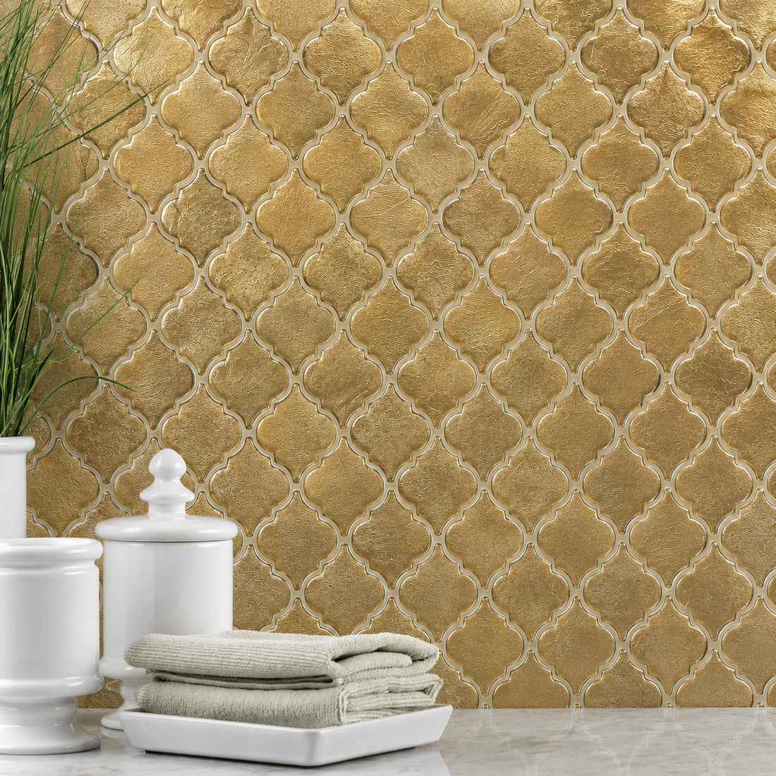 Gold Glass arabesque mosaic splashback 
