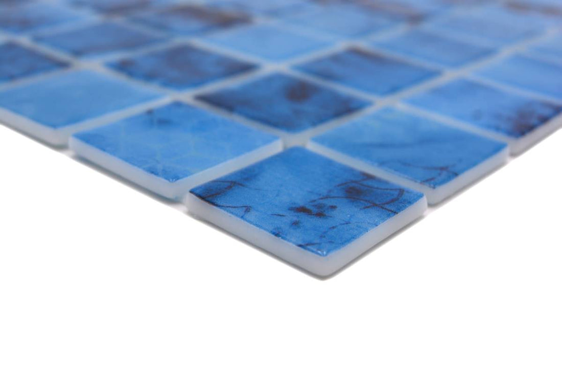 Contemporary blue pool mosaic tiles with backside PUR mounted installation system