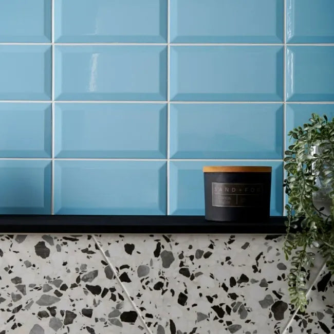 Blue brick gloss bathroom stacked decor 