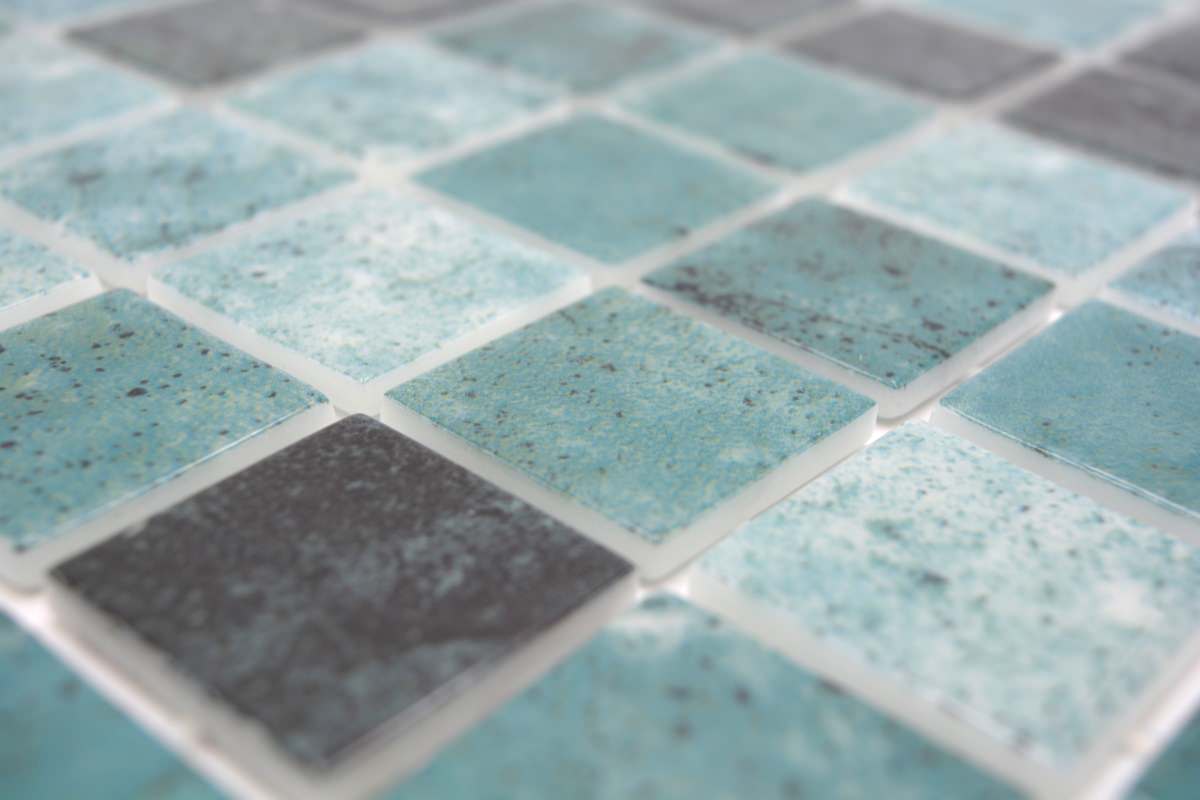 Contemporary Bali Lagoon pool mosaic tiles with backside PUR mounted glass pieces