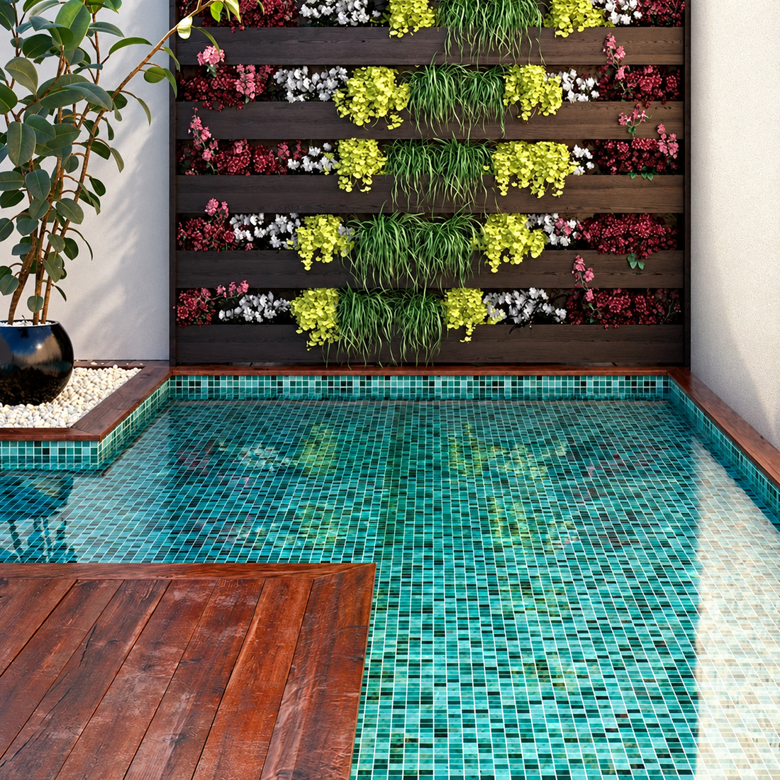 Bali Lagoon Green Glass Pool Mosaic Tiles lining a plunge pool with wooden decking and a planted feature wall.