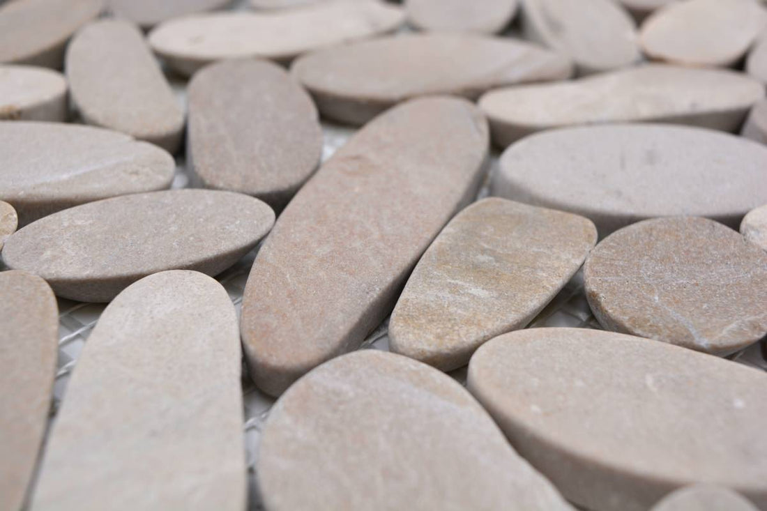 Beige natural stone pebble mosaic sheet suitable for wet rooms and floors