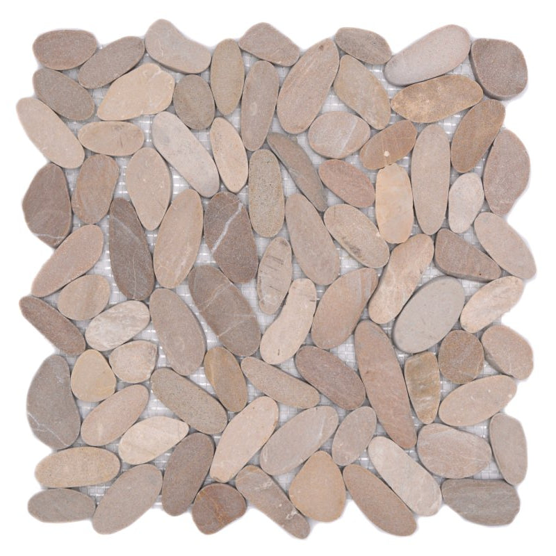 Flat oval pebble mosaic tiles in warm beige and taupe natural stone tones