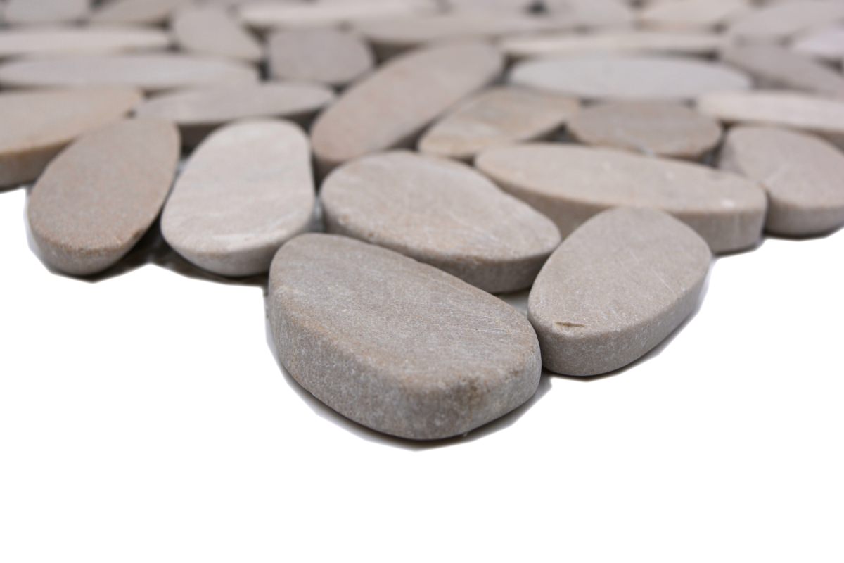 Natural beige river pebble mosaic tiles with oval stones on mesh backing
