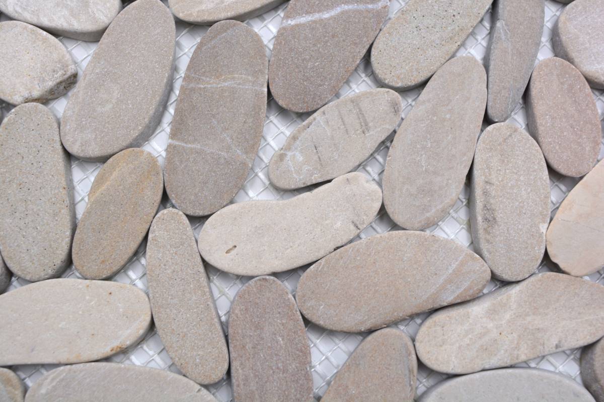 Beige flat pebble mosaic tile sheet made from natural river stone
